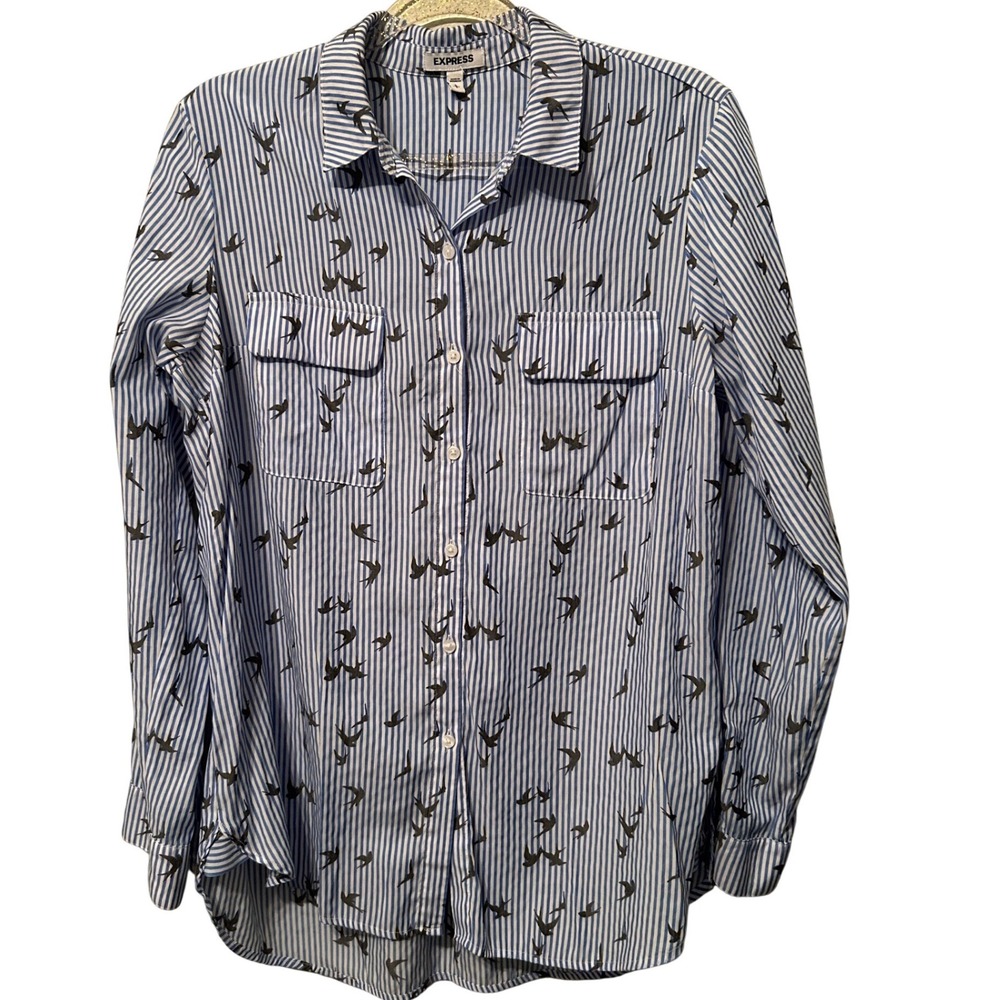 Express Blue White Striped Bird Print Button Down Shirt Large‎ Long Sleeve